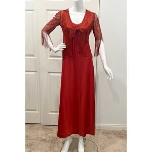 vintage 70s rust disco / 1970s fringe dress / strappy polyester evening dress SM